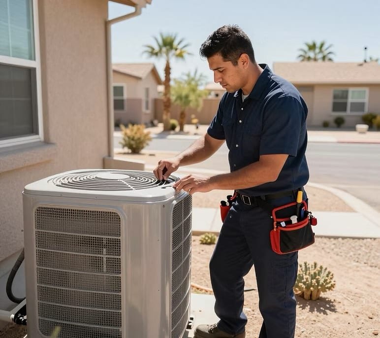 Streamland Faith HVAC technician servicing an air conditioner beside a Lake Havasu home